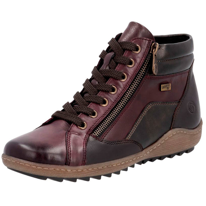 Quarter turn view Women's Remonte Footwear style name Liv 58 in color Vino/ Havanna/ Vinorosso/ Ant. Sku: R1458-35