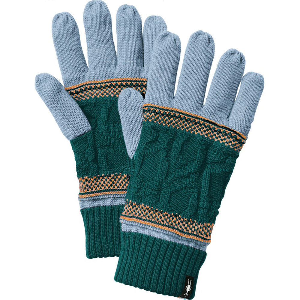 Quarter turn view Unisex Smartwool Accessories style name Popcorn Cable Glove in color Emerald Green Apricot. Sku: SW011470P22