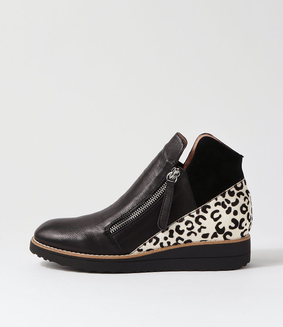 Black wedge shoe with leopard print heel on a light gray background