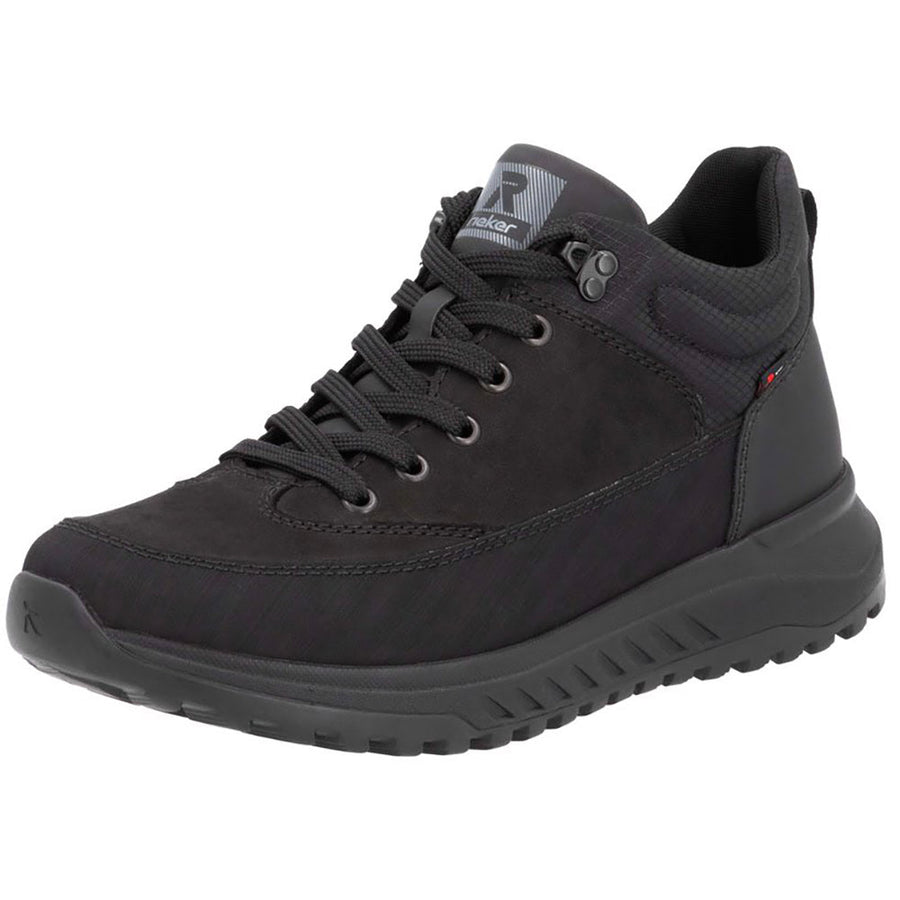 Quarter turn view Men's R-Evolution Footwear style name Anthony 73 in color Black/ Schwarz. Sku: U0173-00