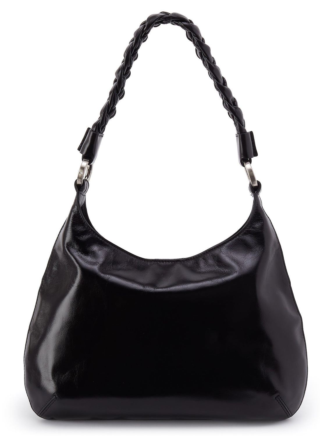 Black handbag with braided handle on a white background