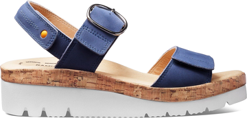 Quarter turn view Women's Samuel Hubbard Footwear style name Portola Two-Strap Wide in color Blue. Sku: W1730-112W