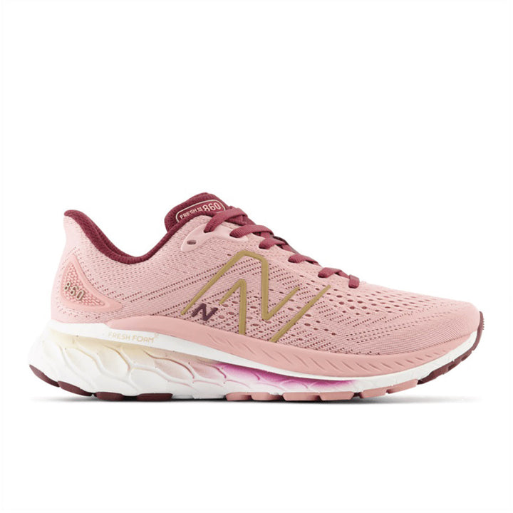 Quarter view Women's New Balance Footwear style name Fresh Foam X 860V13 D in color Pink Moon/ Nb Burgundy. Sku: W860R13-1D