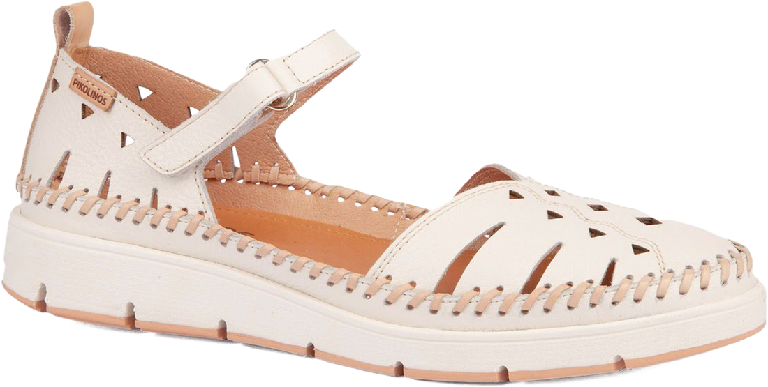 White sandal with cut-out design on a white background