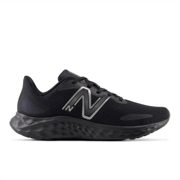 Quarter view Women's New Balance Footwear style name Fresh Foam Arishi V4 Sr Medium in color Black/ Black/ Metallic. Sku: WARISSB4-1B