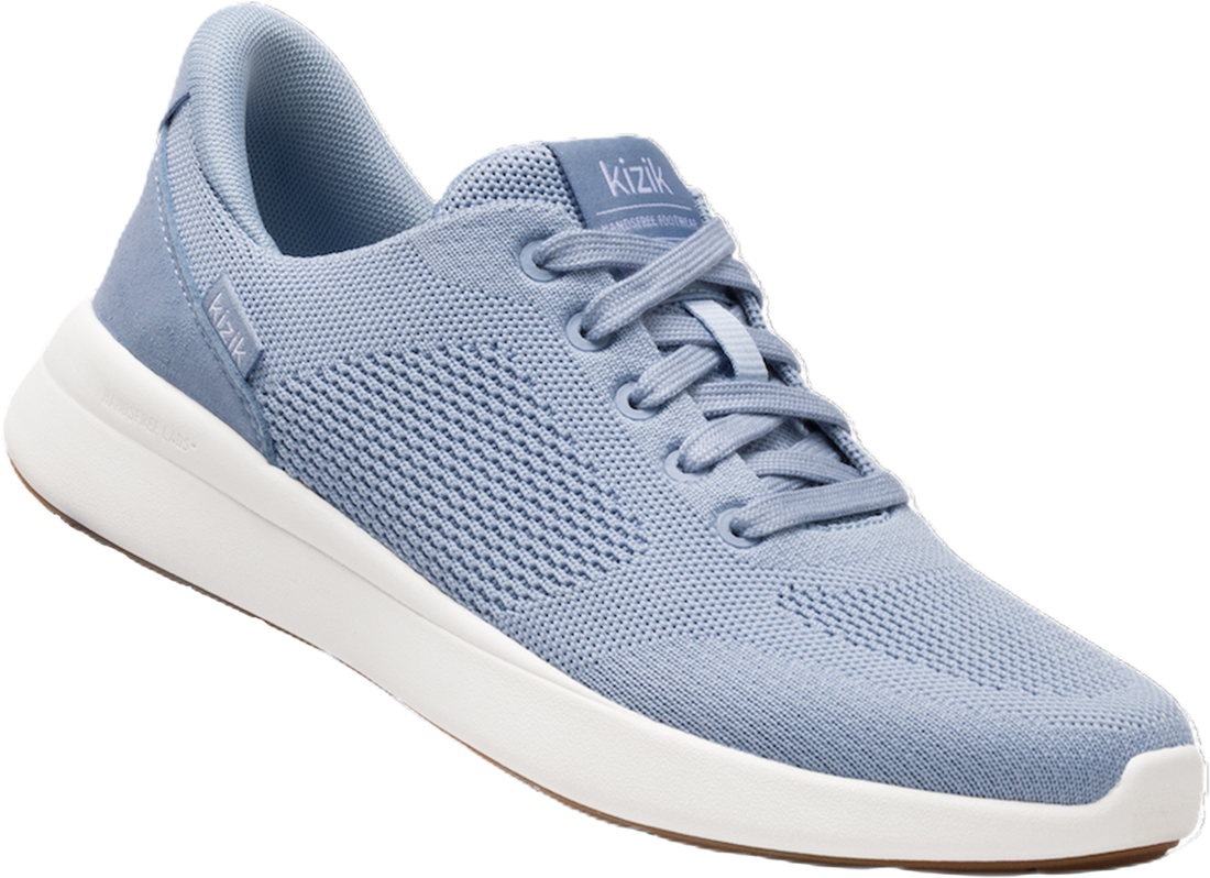 A light blue knit sneaker with matching blue laces and a thick white sole, shown from a three-quarters angle on a white background.