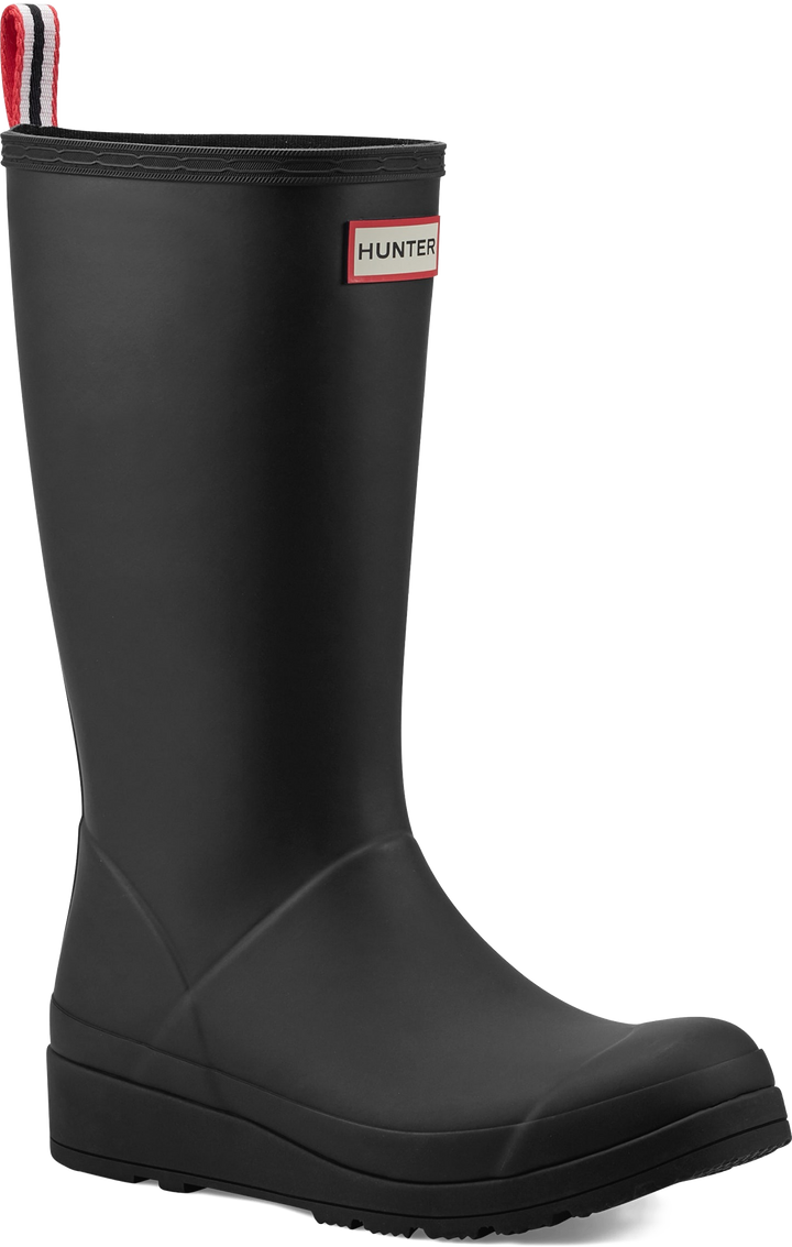 Quarter turn view Women's Hunter Footwear style name W Play Tall Boot in color BLK HNTR. Sku: WT2007RMA-HBL01