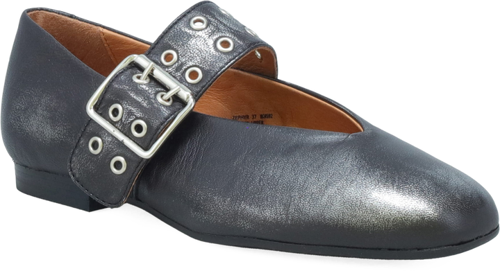 Quarter turn view Women's Miz Mooz Footwear style name Zephyr in color GUNMETAL. Sku: ZEPHYR-GNMTL