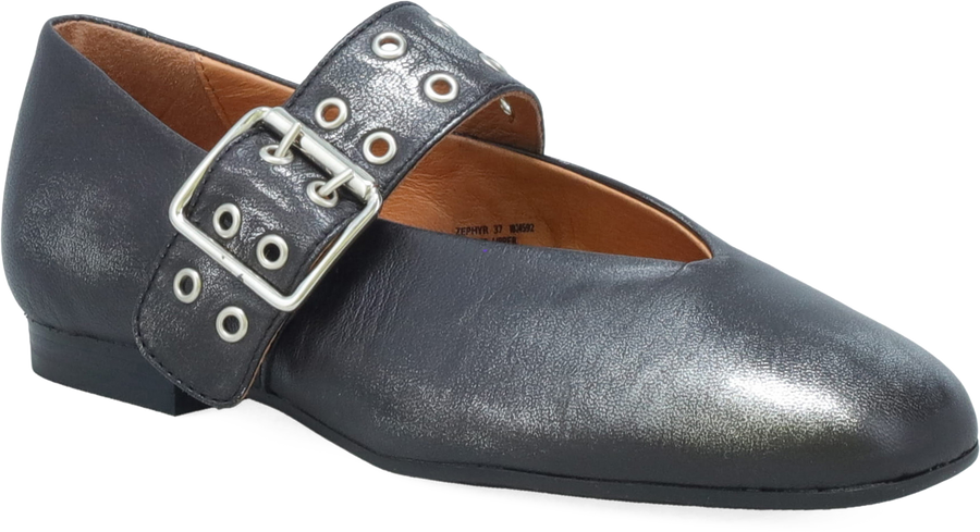 Quarter turn view Women's Miz Mooz Footwear style name Zephyr in color GUNMETAL. Sku: ZEPHYR-GNMTL