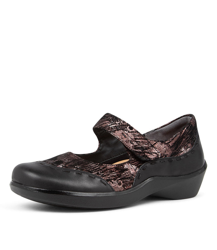 Women's Shoe, Brand Ziera Gummibear in Wide in Black Copper/ Black Mix Leather-Suede shoe image quarter turned