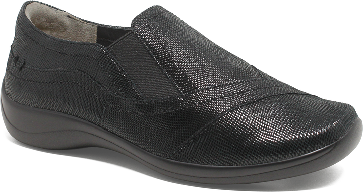 Quarter turn view Women's Ziera Footwear style name Java Xf in color BLK LIZ. Sku: ZR10032AEYCH