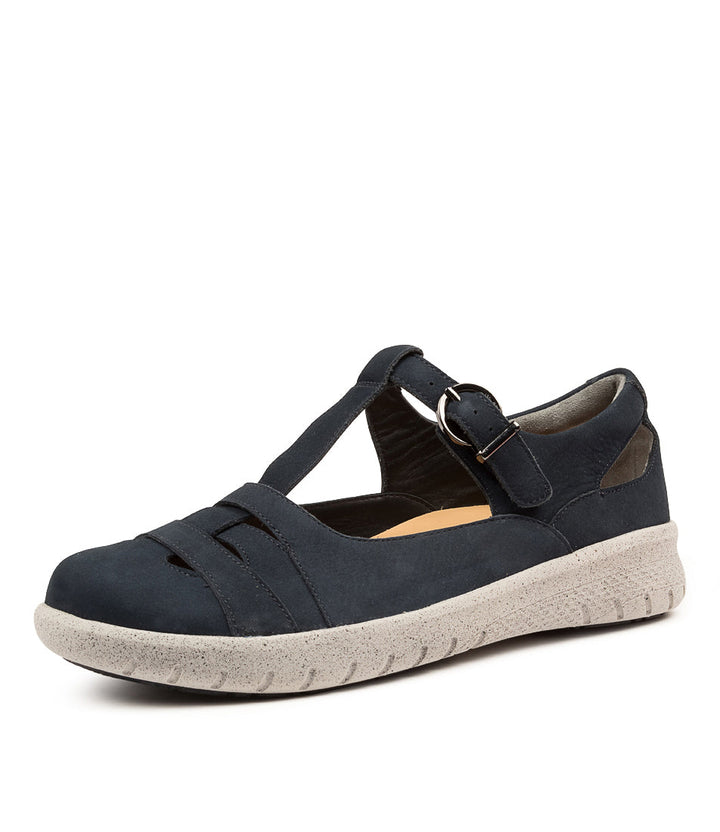 Quarter view Women's Ziera Footwear style name Skipper-Xf in Navy Nubuck. Sku: ZR10155DBYAG