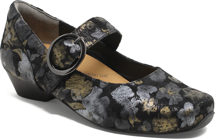 Quarter turn view Women's Ziera Footwear style name Candy W in color BLK MET SD. Sku: ZR10949BTJSU
