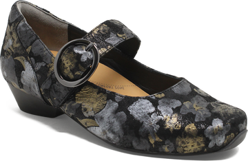 Quarter turn view Women's Ziera Footwear style name Candy W in color BLK MET SD. Sku: ZR10949BTJSU