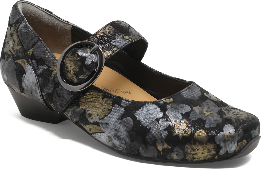 Quarter turn view Women's Ziera Footwear style name Candy W in color BLK MET SD. Sku: ZR10949BTJSU