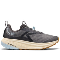 Gray running shoe with a white sole on a white background