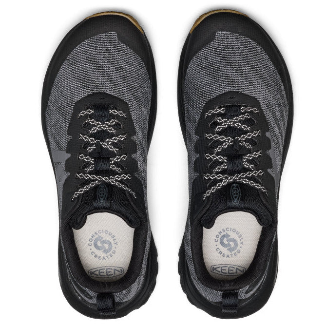 Black and gray athletic shoes with brand logo on a white background