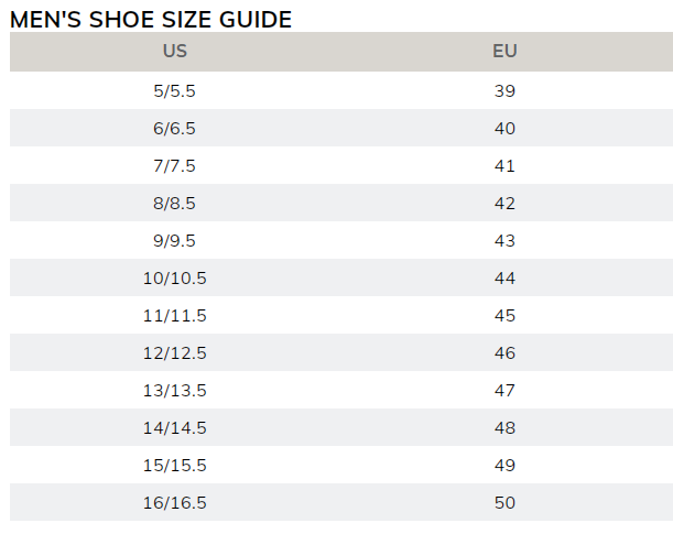 Ecco's men's US to EURO chart