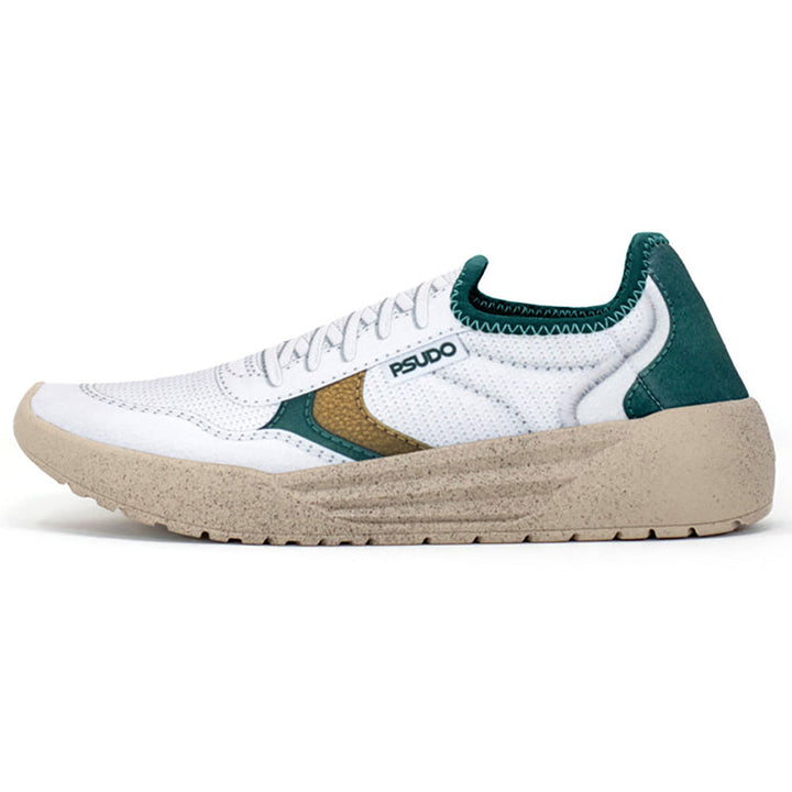 Quarter view Men's Psudo Footwear style name Cambridge Court in color White/Green. Sku: 001-25