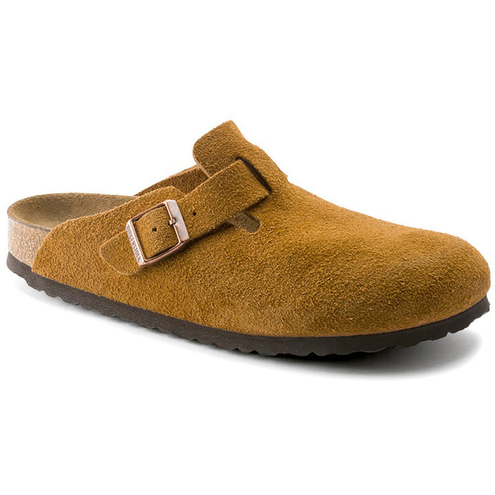 Quarter view Women's Birkenstock Footwear style name Boston Soft Footbed Suede Narrow in color Mink Suede/ Natural Shearling. Sku: 1009543