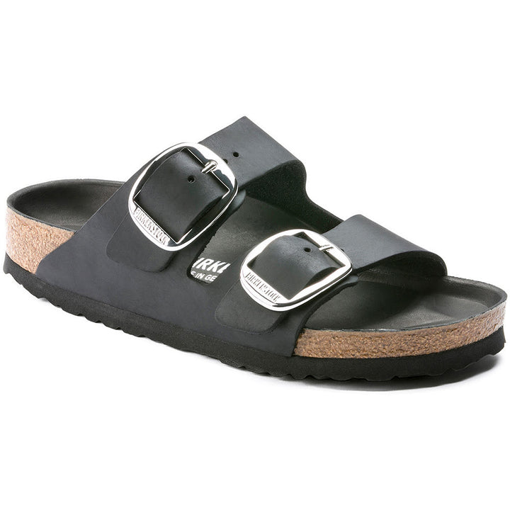 Quarter view Women's Birkenstock Footwear style name Arizona Big Buckle Regular color Black Oiled. Sku: 1011074