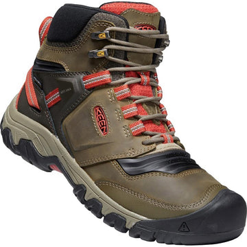 Quarter view Men's Keen Footwear style name Ridge Flex Mid Waterproof Wide in color Dark Olive/ Ketchup. Sku: 1025416