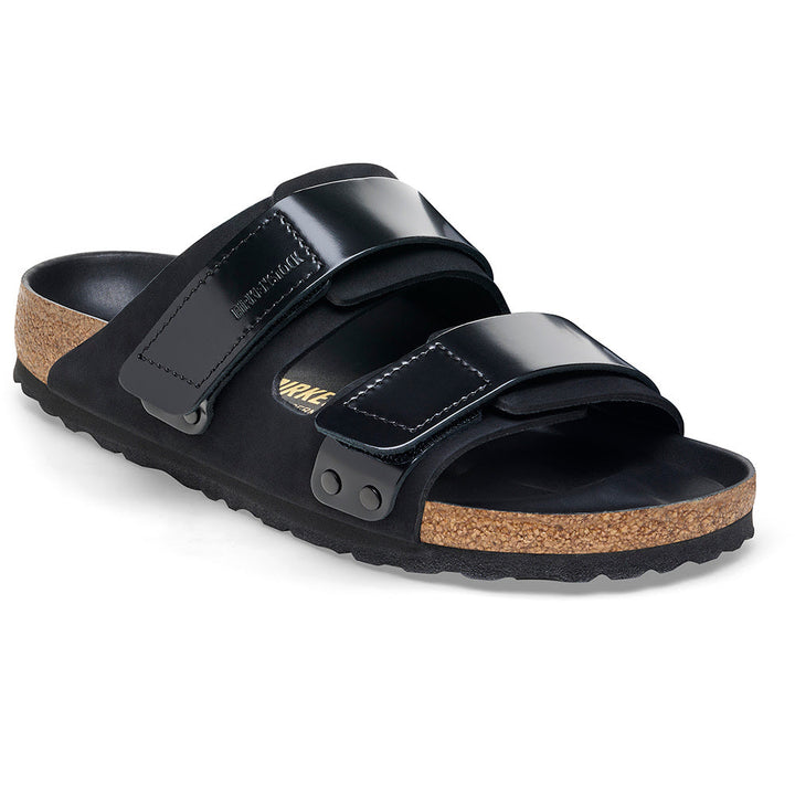 Quarter view Women's Birkenstock Footwear style name Uji Hex Narrow in color High Shine Black. Sku: 1026570