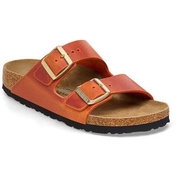 Quarter view Women's Birkenstock Footwear style name Arizona Oiled Narrow in color Burnt Orange. Sku: 1026592