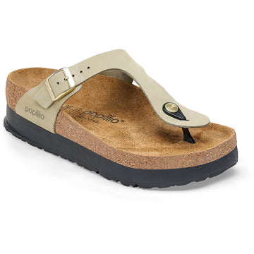 Quarter view Women's Birkenstock Footwear style name Gizeh Platform Regular in color Eucalyptus. Sku: 1026871