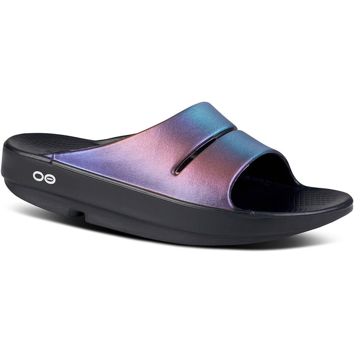 Quarter view Women's Oofos Footwear style name Ooahh Luxe in color Midnight Spectre. Sku: 1101MDNHTSPEC