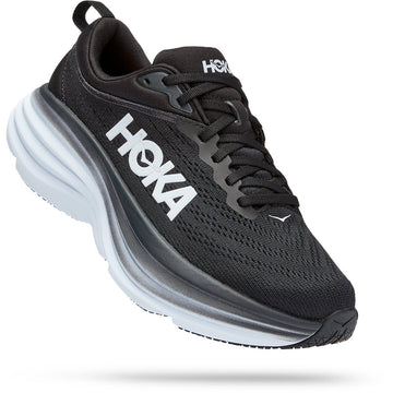 Quarter view Women's Hoka Footwear style name Bondi 8 Wide in color Black/ White. SKU: 1127954BWHT