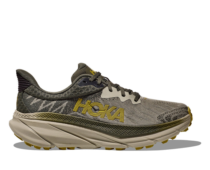 Quarter view Men's Hoka Footwear style name Challenger 7 in color Ozf. Sku: 1134497OZF