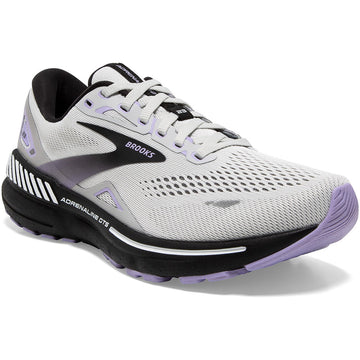 Quarter view Women's Brooks Footwear style name Adrenaline Gts 23 Narrow in color Grey/ Black/ Purple. Sku: 120381-2A039