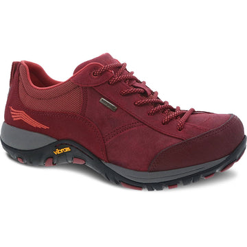 Quarter view Women's Dansko Footwear style name Paisley Waterproof color Red Burnished Suede. Sku: 4350-220222