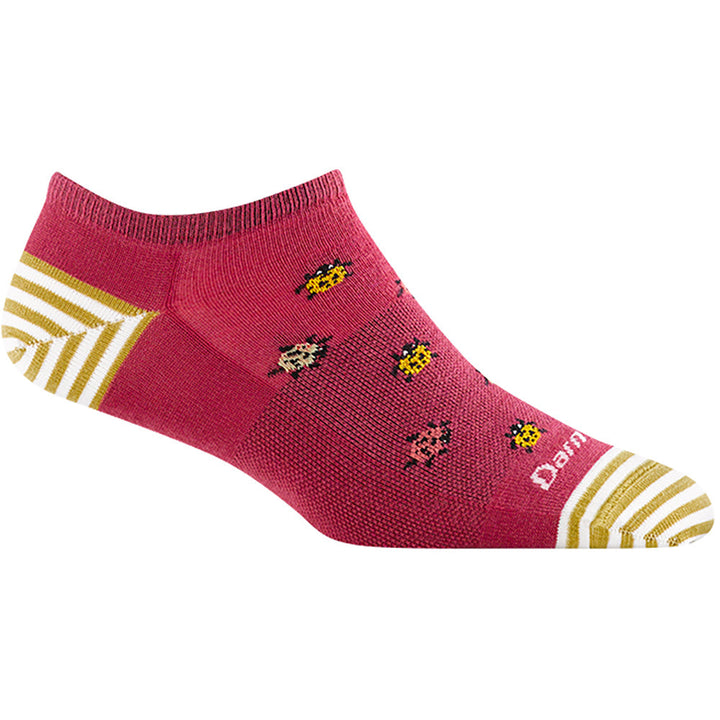 Quarter view Women's Darn Tough Sock style name Lucky Lady No Show Light in color Cranberry. Sku: 6074-CRANBERRY