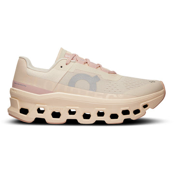 Quarter view Women's On Running Footwear style name Cloudmonster in color Moon/Faun. Sku: 61-97785