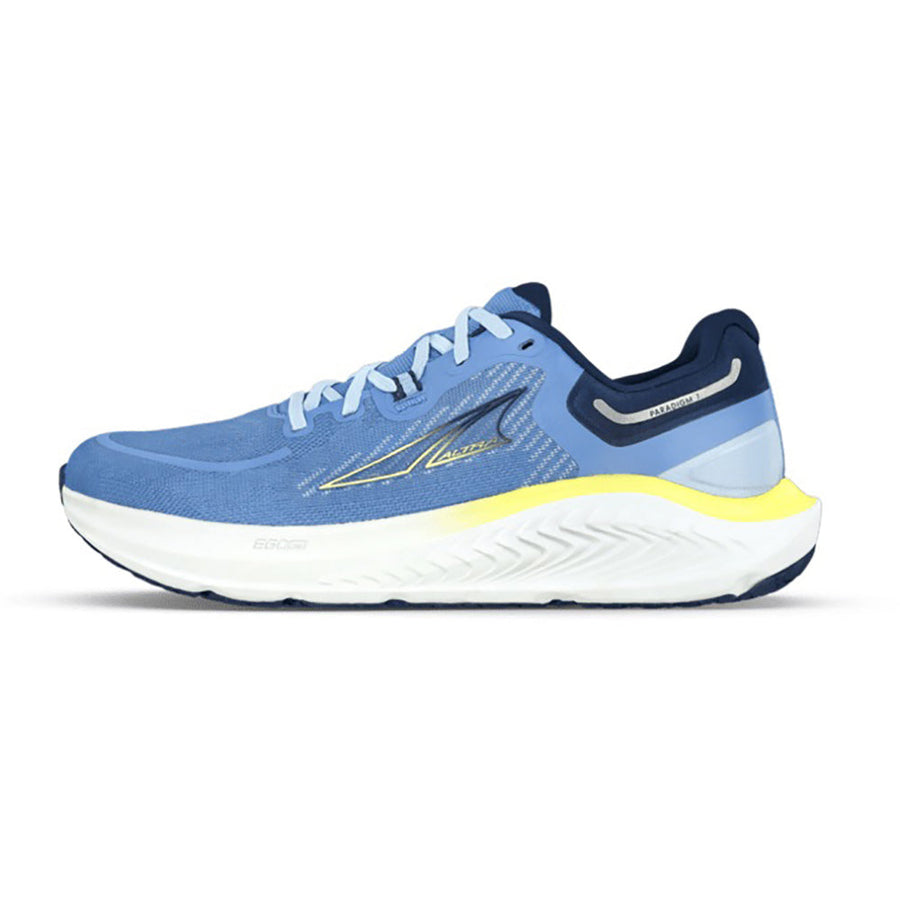 Quarter view Women's Altra Footwear style name Paradigm 7 Wide in color Blue. Sku: AL0A85N7-440