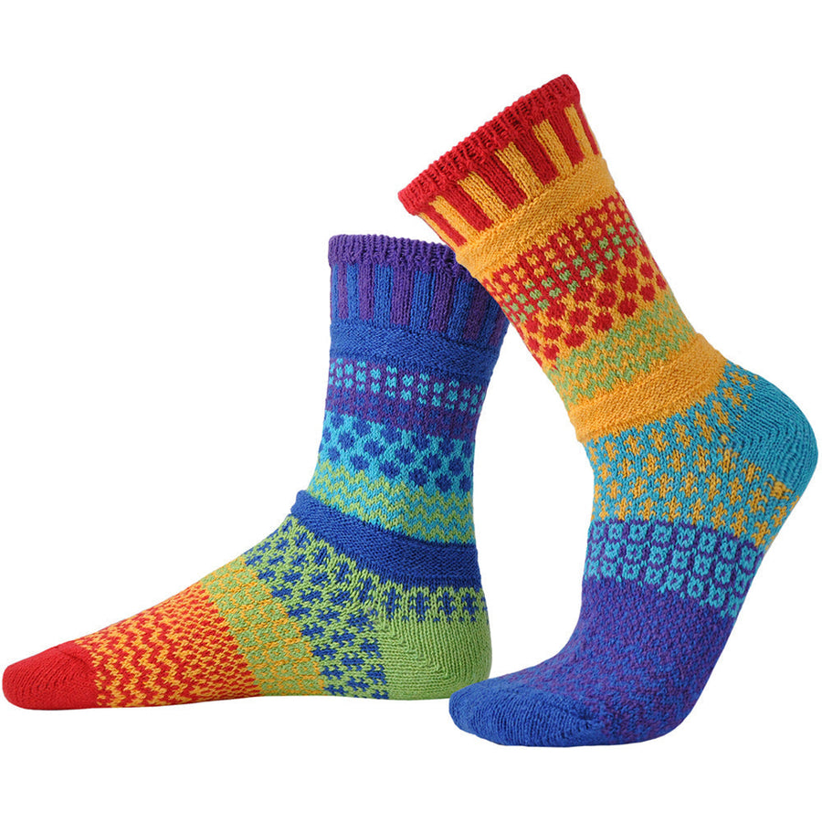 Quarter view Women's Solmate Sock style name Solmate Crew in color Rainbow. Sku: CREW-RNB