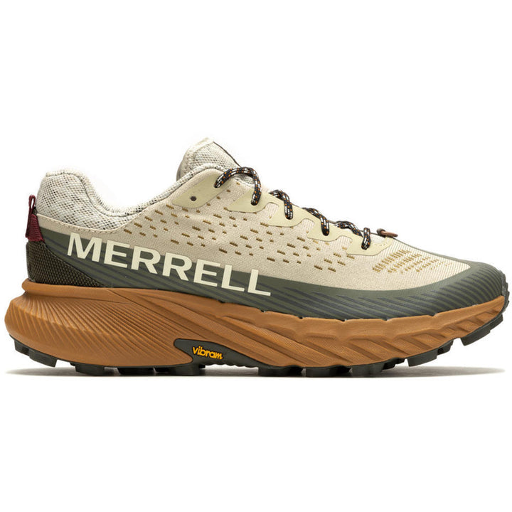 Quarter view Men's Merrell Footwear style name Agility Peak 5 in color Oyster/Olive. Sku: J067767
