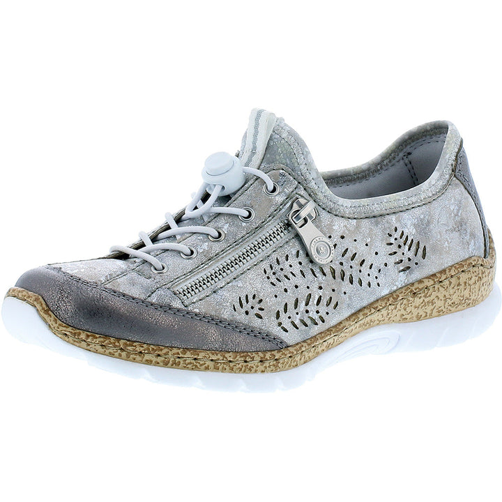 Quarter view Women's Rieker Footwear style name Nikita K6 in color Grey/Rose/Silver. Sku: N42K6-40