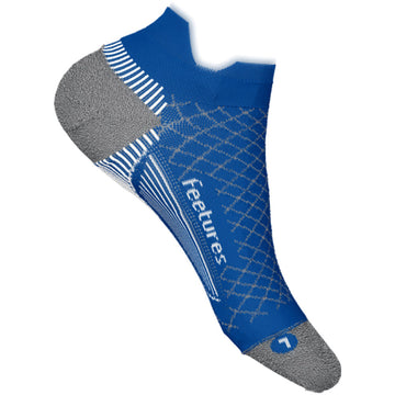 Quarter view Unisex Feetures Sock style name Pf Relief Cushion No Show in color Buckle Up Blue. Sku: PF502581