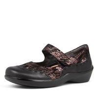 Women's Shoe, Brand Ziera Gummibear in Wide in Black Copper/ Black Mix Leather-Suede shoe image quarter turned